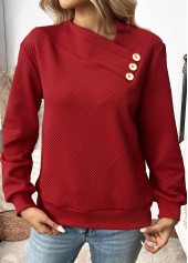 Wine Red tops,Plain Color tops,ROTITA Button Wine Red Asymmetrical Neck Long Sleeve Sweatshirt