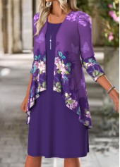 Purple dresses,Floral dresses,Plants dresses,Casual dresses,ROTITA Tummy Coverage Floral Print Purple Dress and Cardigan
