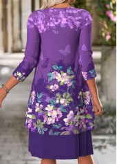 Purple dresses,Floral dresses,Plants dresses,Casual dresses,ROTITA Tummy Coverage Floral Print Purple Dress and Cardigan