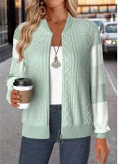 Light Green tops,Plaid tops,Geometric tops,ROTITA Tummy Coverage Plaid Light Green Stand Collar Jacket