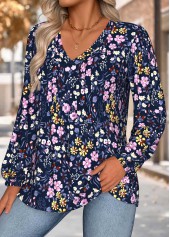 Navy tops,Floral tops,Plants tops,ROTITA Tummy Coverage Floral Print Navy V Neck Blouse