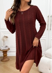 Wine Red dresses,Plain Color dresses,Everyday dresses,Casual dresses,Wine Red A Line Round Neck Long Sleeve Dress