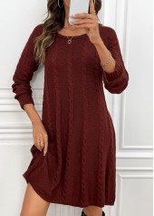 Wine Red A Line Round Neck Long Sleeve Dress