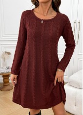 Wine Red dresses,Plain Color dresses,Everyday dresses,Casual dresses,Wine Red A Line Round Neck Long Sleeve Dress