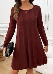 Wine Red dresses,Plain Color dresses,Everyday dresses,Casual dresses,Wine Red A Line Round Neck Long Sleeve Dress
