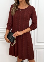 Wine Red dresses,Plain Color dresses,Everyday dresses,Casual dresses,Wine Red A Line Round Neck Long Sleeve Dress