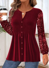Wine Red tops,Plain Color tops,ROTITA Peplum Wine Red Split Neck Long Sleeve Blouse