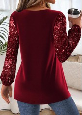 Wine Red tops,Plain Color tops,ROTITA Peplum Wine Red Split Neck Long Sleeve Blouse