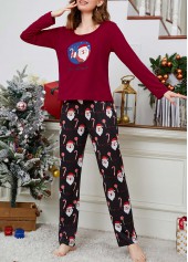 Weihnachtsrotes Loungewear-Oberteil und Hose mit Rundhalsausschnitt und weinrotem Muster
