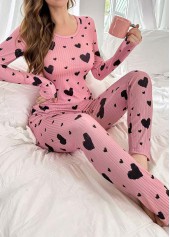 Heart Print Pink Round Neck Lounge Top and Pants