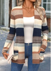 Multi Color tops,Striped tops,Geometric tops,ROTITA Curved Hem Striped Multi Color Long Sleeve Knit Cardigan