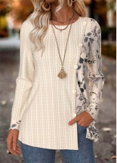 ROTITA Tummy Coverage Leaf Print Beige Round Neck T Shirt