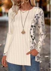 Beige tops,Plants tops,ROTITA Tummy Coverage Leaf Print Beige Round Neck T Shirt