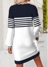 Navy dresses,Striped dresses,Geometric dresses,Casual dresses,ROTITA Striped Navy Short V Neck Long Sleeve Dress