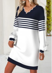 Navy dresses,Striped dresses,Geometric dresses,Casual dresses,ROTITA Striped Navy Short V Neck Long Sleeve Dress