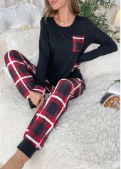 Plaid Black Round Neck Lounge Top and Pants