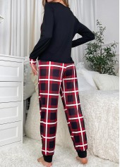 Black loungewear,Plaid loungewear,Geometric loungewear,Plaid Black Round Neck Lounge Top and Pants