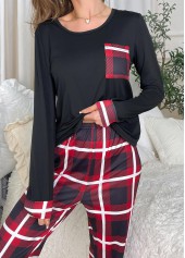 Black loungewear,Plaid loungewear,Geometric loungewear,Plaid Black Round Neck Lounge Top and Pants