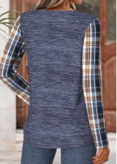 Navy tops,Plaid tops,Geometric tops,ROTITA Tummy Coverage Plaid Navy Round Neck T Shirt