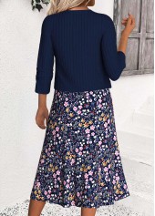 Navy dresses,Plants dresses,Casual dresses,ROTITA Tummy Coverage Leaf Print Navy Dress and Cardigan
