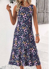 Navy dresses,Plants dresses,Casual dresses,ROTITA Tummy Coverage Leaf Print Navy Dress and Cardigan