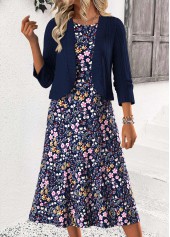Navy dresses,Plants dresses,Casual dresses,ROTITA Tummy Coverage Leaf Print Navy Dress and Cardigan
