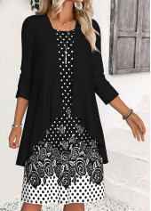 Black dresses,Dot dresses,Casual dresses,ROTITA Tummy Coverage Polka Dot Black Dress and Cardigan