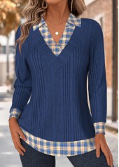 ROTITA Tummy Coverage Plaid Navy Long Sleeve T Shirt