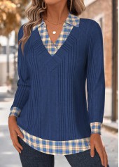 Navy tops,Plaid tops,Geometric tops,ROTITA Tummy Coverage Plaid Navy Long Sleeve T Shirt