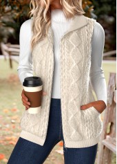 Beige tops,Plain Color tops,ROTITA Double Side Pockets Beige Stand Collar Sleeveless Waistcoat