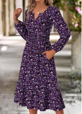 Purple dresses,Ditsy Floral dresses,Casual dresses,ROTITA Double Side Pockets Ditsy Floral Print Purple Dress