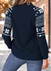 Navy tops,Tribal tops,ROTITA Tummy Coverage Fair Isle Print Navy High Neck Sweatshirt