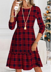 Wine Red dresses,Plaid dresses,Geometric dresses,Casual dresses,ROTITA Tummy Coverage Plaid Wine Red Round Neck Dress