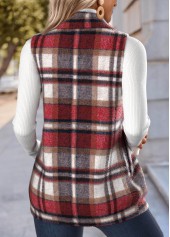 Red tops,Plaid tops,Geometric tops,ROTITA Double Side Pockets Plaid Red Stand Collar Sleeveless Waistcoat