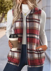 Red tops,Plaid tops,Geometric tops,ROTITA Double Side Pockets Plaid Red Stand Collar Sleeveless Waistcoat