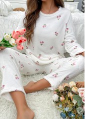 Floral Print White Round Neck Lounge Top and Pants