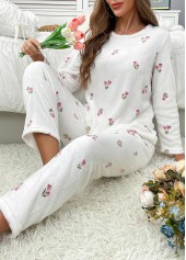 White loungewear,Floral loungewear,Plants loungewear,Floral Print White Round Neck Lounge Top and Pants