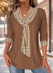ROTITA Tummy Coverage Plaid Dark Coffee V Neck T Shirt