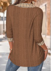 Dark Coffee tops,Plaid tops,Geometric tops,ROTITA Tummy Coverage Plaid Dark Coffee V Neck T Shirt