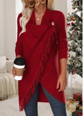 Wine Red tops,Plain Color tops,ROTITA Tummy Coverage Wine Red Draped Neck Long Sleeve Coat