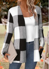 Black tops,Plaid tops,Geometric tops,ROTITA Tummy Coverage Plaid Black Long Sleeve Coat