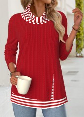 ROTITA Tummy Coverage Striped Red Cowl Neck Long Sleeve Sweatshirt