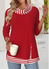 Red tops,Striped tops,Geometric tops,ROTITA Tummy Coverage Striped Red Cowl Neck Long Sleeve Sweatshirt