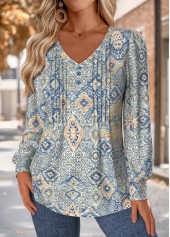 Blue tops,Tribal tops,ROTITA Tuck Stitch Tribal Print Blue V Neck T Shirt