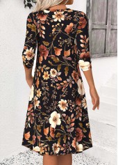 Black dresses,Floral dresses,Plants dresses,Casual dresses,ROTITA Tummy Coverage Floral Print Black Heart Collar Dress