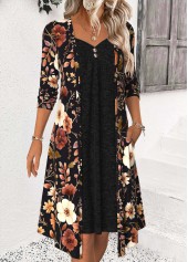 Black dresses,Floral dresses,Plants dresses,Casual dresses,ROTITA Tummy Coverage Floral Print Black Heart Collar Dress