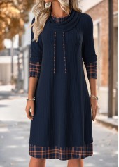 Navy dresses,Plaid dresses,Geometric dresses,Everyday dresses,Casual dresses,ROTITA Tummy Coverage Plaid Navy Cowl Neck Long Sleeve Dress