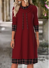 ROTITA Tummy Coverage Plaid Wine Red Cowl Neck Dress