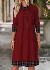 Wine Red dresses,Plaid dresses,Geometric dresses,Everyday dresses,Casual dresses,ROTITA Tummy Coverage Plaid Wine Red Cowl Neck Dress