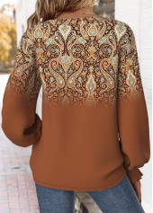 Dark Coffee tops,Tribal tops,ROTITA Curved Hem Tribal Print Dark Coffee V Neck Sweatshirt